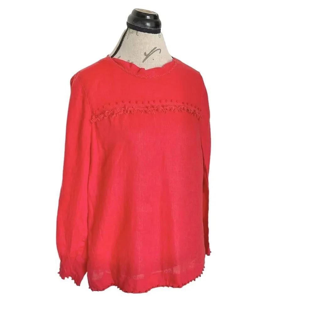 J Crew Womens Blouse 100% Linen Long Sleeve Dots Embroidered Trim Frayed Sz 8